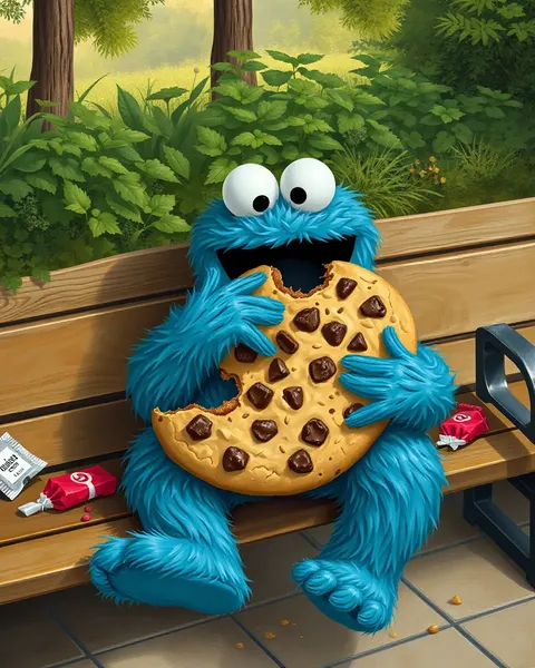 Cookie Monster Devours Giant Cookie on Sesame Street Bench