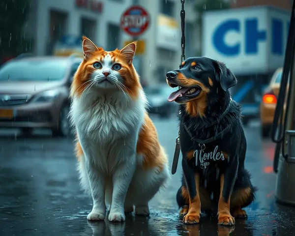 Des images de chats et de chiens qui pleuvent sur le trottoir mouillé