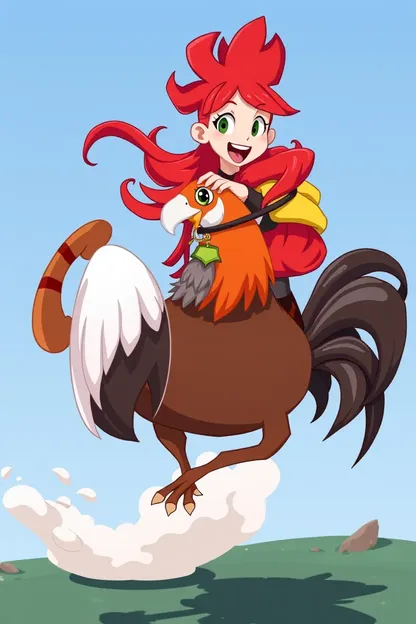 Fille aux cheveux roux monte un personnage de cartoon de coq