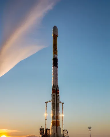 Fusée s'élève sous la lumière chaude du coucher de soleil