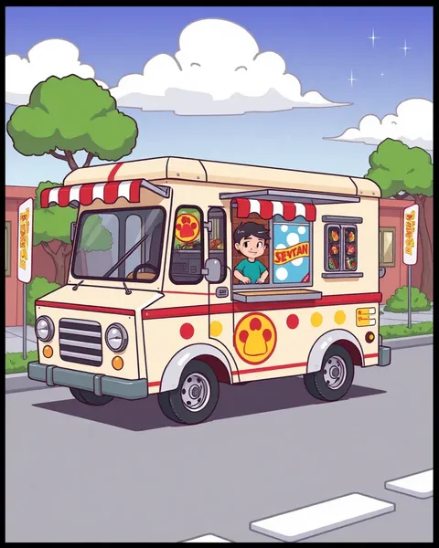 Illustrations de cartoon whimsiques de camions de nourriture partout