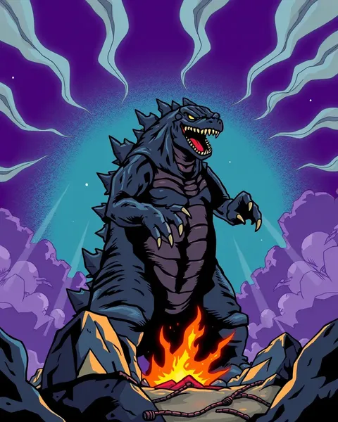 Images de cartoon de Godzilla illustrent la destruction monstreux enflammé