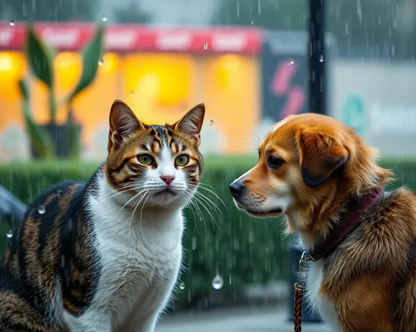 Images de chats et de chiens sous la pluie sur des routes bondées