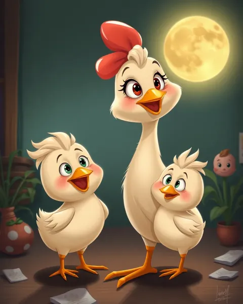 Images de poussins de cartoon présentent des scènes étranges et humoristiques