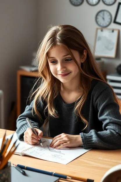 La belle fille assise à son bureau en train de dessiner