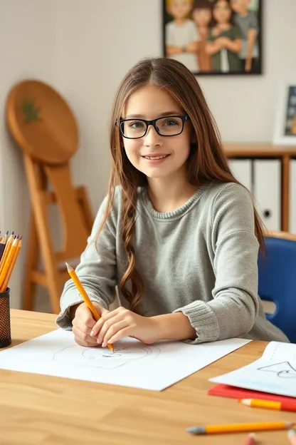 La fille belle assise à son bureau, dessinante