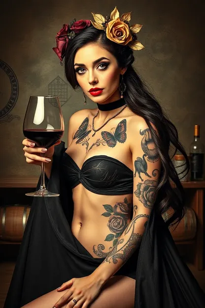 La fille tatouée boit du vin avec des amis en vacances