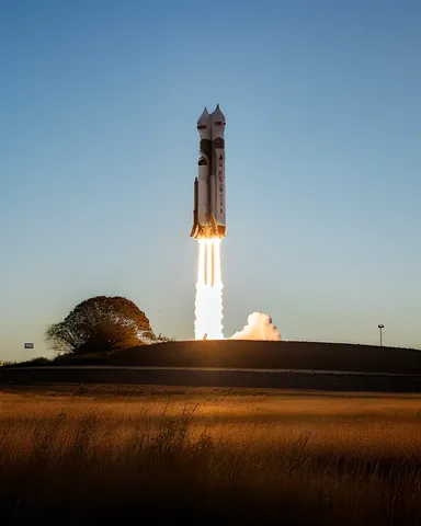 Lancement lent de fusée sous les rayons du coucher de soleil