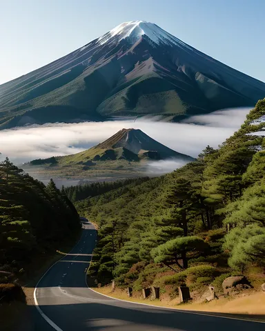 Le majestueux mont Fuji s'élève au-dessus de la forêt brumeuse