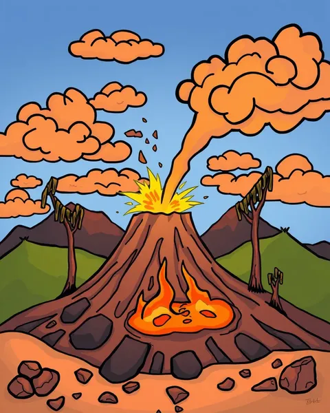 Les images de cartoon du volcan avec des effets d'éruption feu