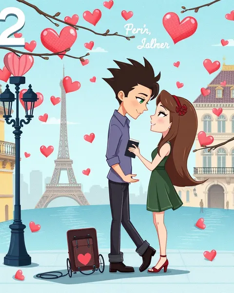 Les photos de cartoon romantiques illustrent l'histoire d'amour whimsique