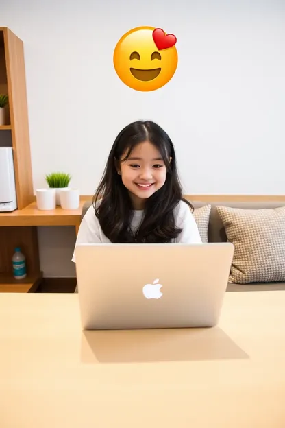 Ordinateur portable d'une fille asiatique conçu avec des emojis