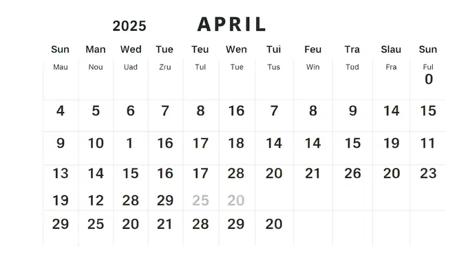 Résumé du calendrier d'avril 2025