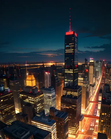 Skyline nocturne de New York avec le repaire des tortues visible