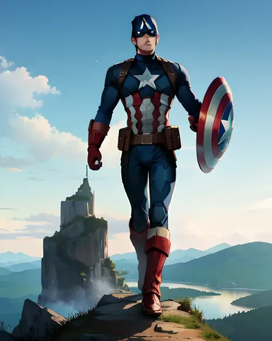  Captain America stands tall on a mountain peak with his shield.