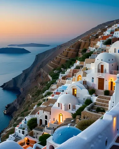 A Greek village overlooks the Aegean Sea at sunset.