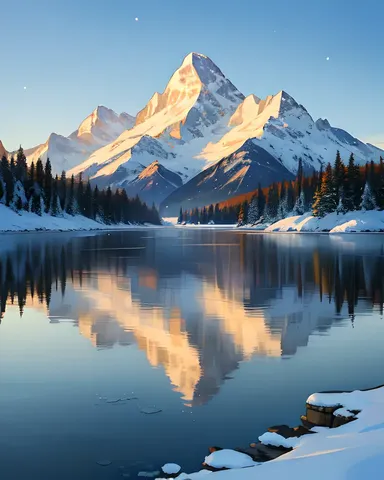 A frozen lake scene is set against a snowy mountain backdrop.