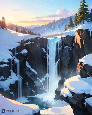 A frozen waterfall cascades down a rugged cliffside.