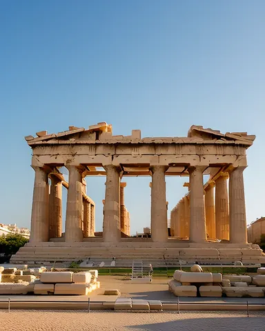 A majestic ancient Greek temple is in Athens.