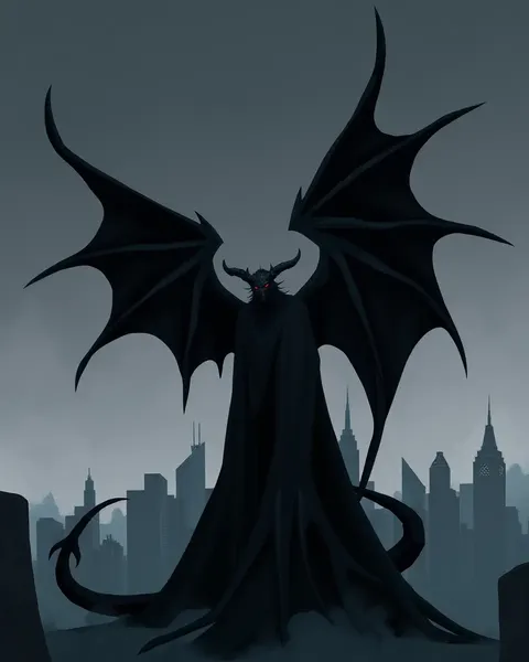 An ominous black daemon dominates the cityscape with a dark wingspan.