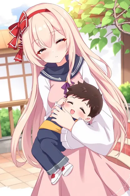 Anime Girl's Gentle Touch Comforts Baby Boy