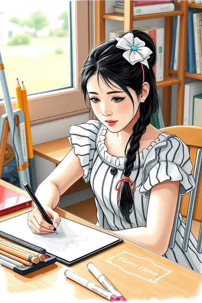 Beautiful Girl Sitting at Desk Drawing