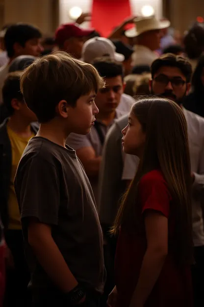 Boy and Girl Face Off in Crowded Space