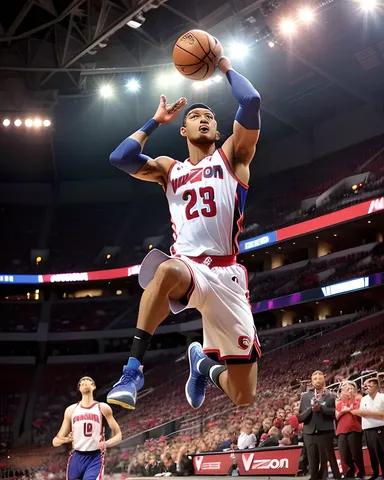 Bradley Beal dunks with crowd's energetic cheers translates to Bradley Beal dunks to the crowd's enthusiastic applause.