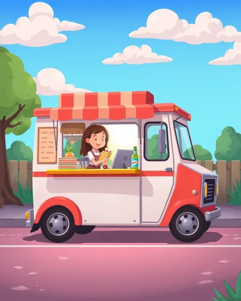 Colorful Cartoon Images of Food Trucks in Action