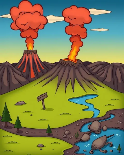 Colorful Pictures of Cartoon Volcanoes in Eruption