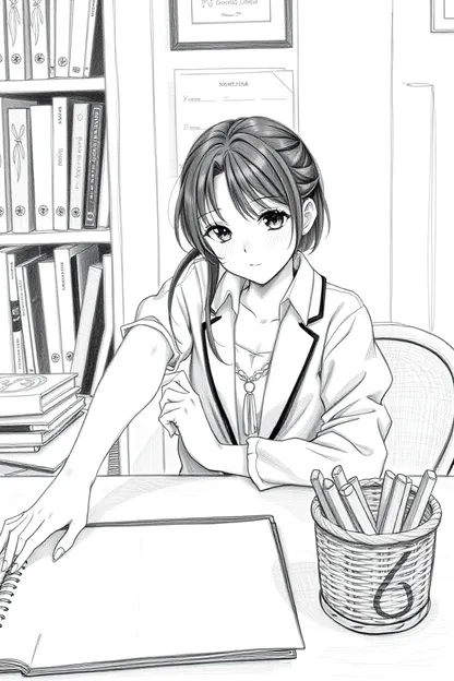 Girl Beautiful Sitting at Desk Drawing