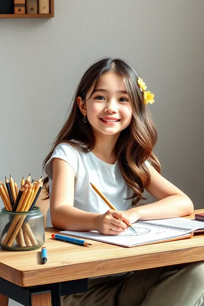 Girl Beautiful Sitting at Desk Drawing