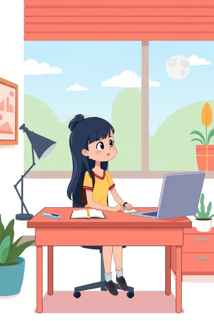 Girl at Desk Cartoon Template Illustration Free