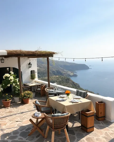 Greek taverna overlooking the hillside by the Aegean Sea.