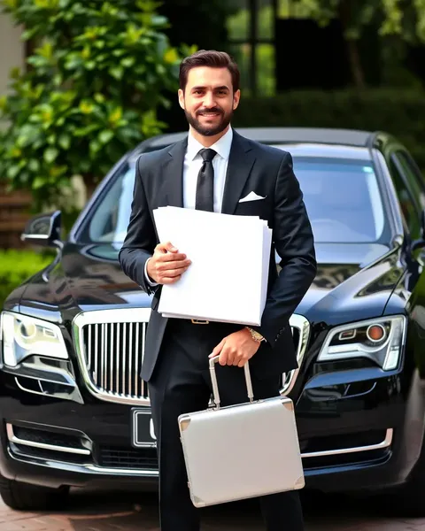 Luxury chauffeur mark poses with a sleek black limousine.