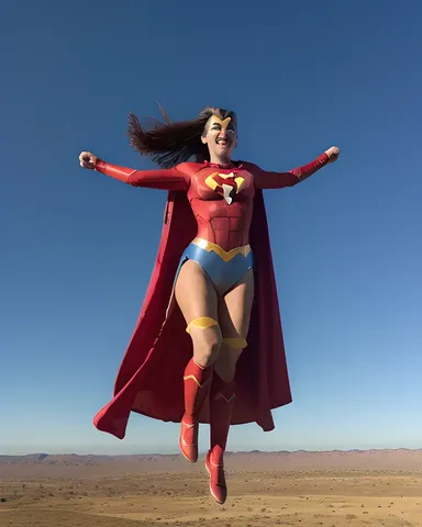 Mackenzie Gray flies through the air as a superhero with a flowing cape.