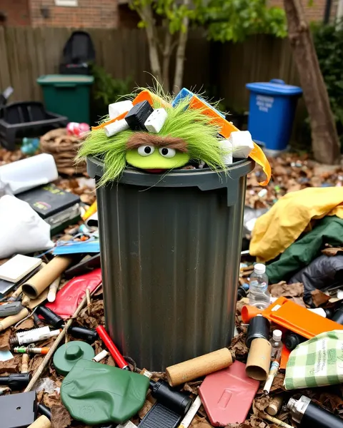 Oscar the Grouch's trash can overflows on Sesame Street.