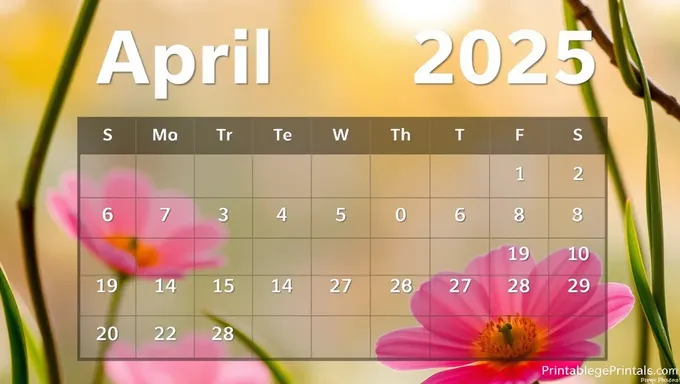 Printable April Calendar 2025 in PDF Format