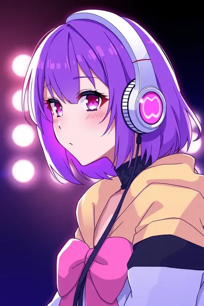 Purple Hair Girl Wears Headphone Anime Style