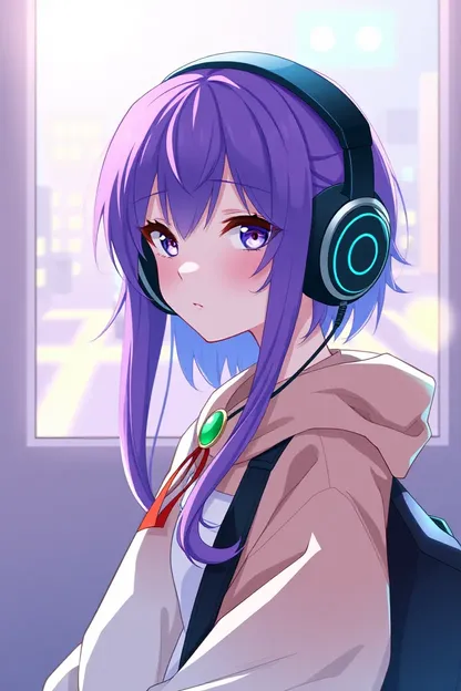 Purple Haired Anime Girl Listens to Music with Headphones