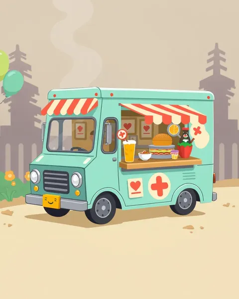 Quirky Cartoon Images of Food Trucks in City