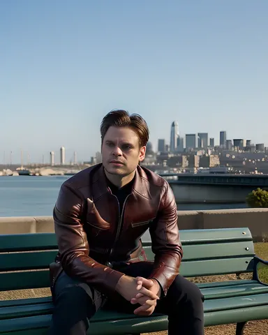 Sebastian Stan plays Bucky Barnes in a contemplative city view.