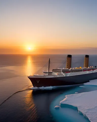 The Titanic sails through icy North Atlantic waters against a sunset background.