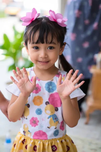 Young Girl with Hands Upraised in Victory