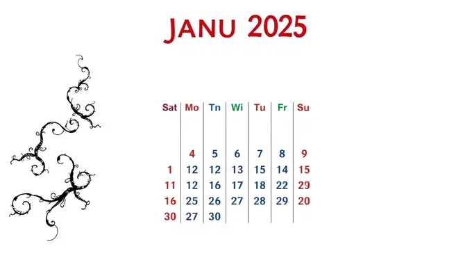 2025年1月カレンダー：2025年1月カレンダープランニング用