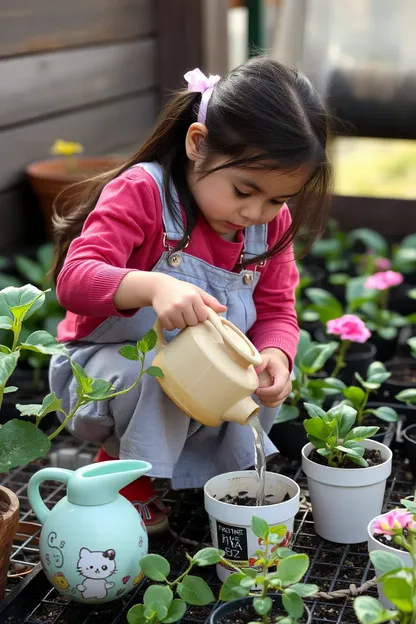 ガールが植物を水やりで世話する