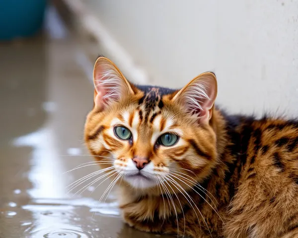 濡れた猫の写真：奇妙な whiskers と濡れた毛皮を強調