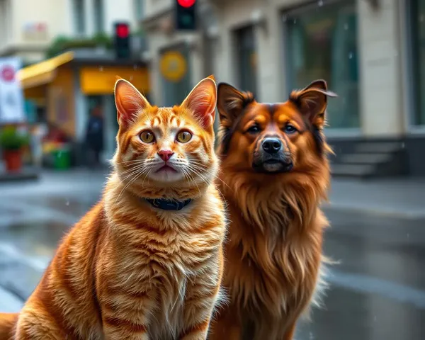 雨が降る猫と犬の画像：都市景観