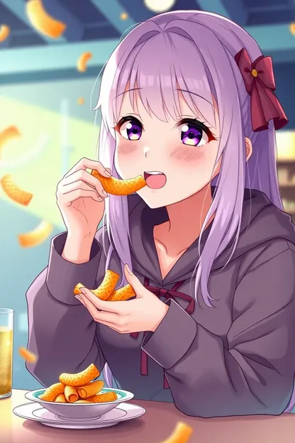 Menina anime desfruta de Cheetos crocantes no formato de gif