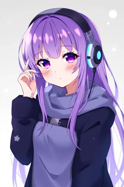 Menina de Cabelo Roxo de Anime Usa Fones de Ouvido para Escutar